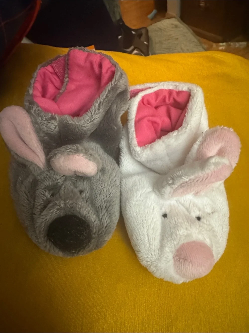 Munchkin Gray & White Bunny Slippers with Pink Lining